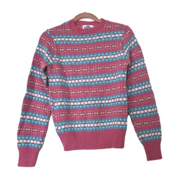 Vtg Grandmacore Sweater Womens M Pink Blue Aztec Fair Isle Cottage Boho 80s - Picture 1 of 9